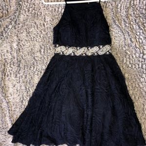 Navy Blue Embellished Waist Homecoming Dress